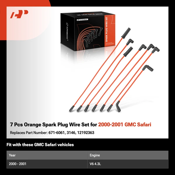 7 Pcs Orange Spark Plug Wire Set for 2000-2001 GMC Safari