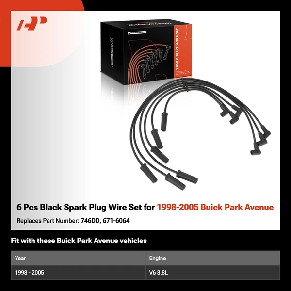 6 Pcs Black Spark Plug Wire Set for 1998-2005 Buick Park Avenue