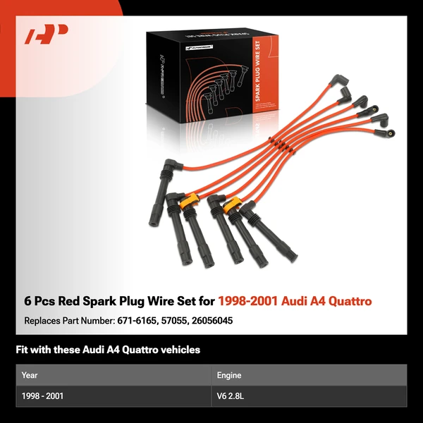 6 Pcs Red Spark Plug Wire Set for 1998-2001 Audi A4 Quattro