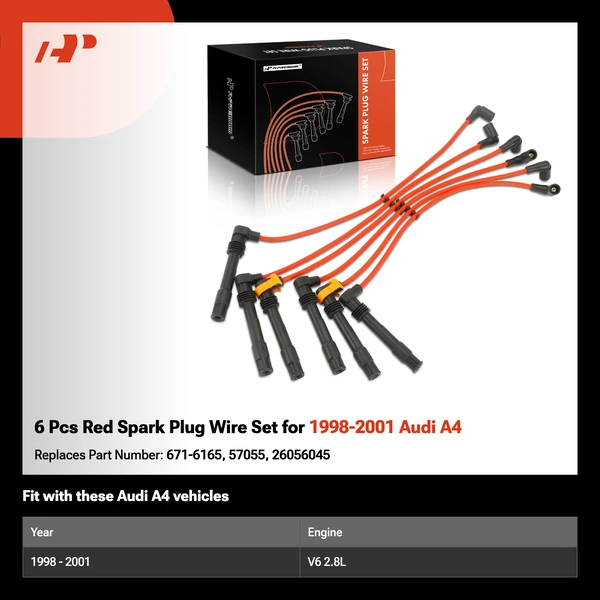 6 Pcs Red Spark Plug Wire Set for 1998-2001 Audi A4
