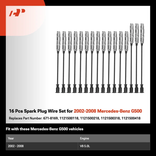 16 Pcs Spark Plug Wire Set for 2002-2008 Mercedes-Benz G500