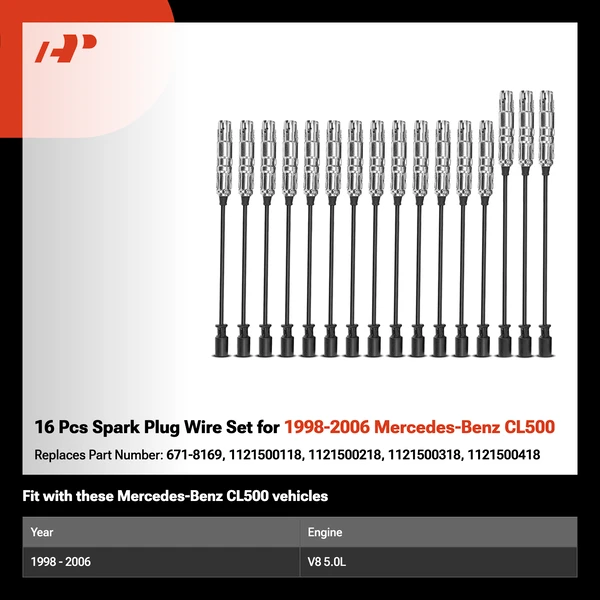 16 Pcs Spark Plug Wire Set for 1998-2006 Mercedes-Benz CL500