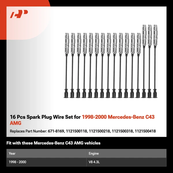 16 Pcs Spark Plug Wire Set for 1998-2000 Mercedes-Benz C43 AMG