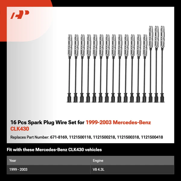 16 Pcs Spark Plug Wire Set for 1999-2003 Mercedes-Benz CLK430