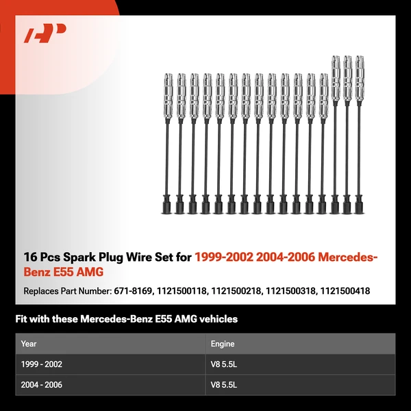 16 Pcs Spark Plug Wire Set for 1999-2002 2004-2006 Mercedes-Benz E55 AMG