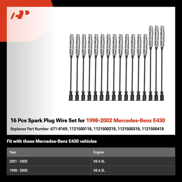 16 Pcs Spark Plug Wire Set for 1998-2002 Mercedes-Benz E430