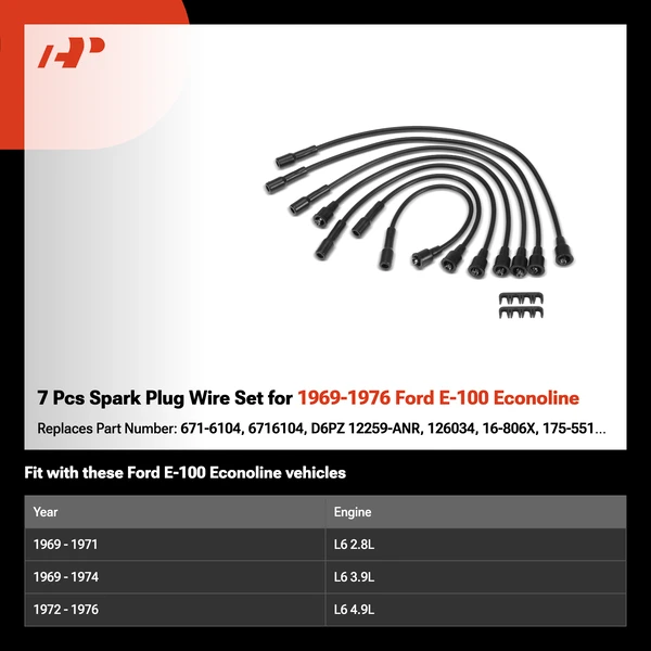 7 Pcs Spark Plug Wire Set for 1969-1976 Ford E-100 Econoline