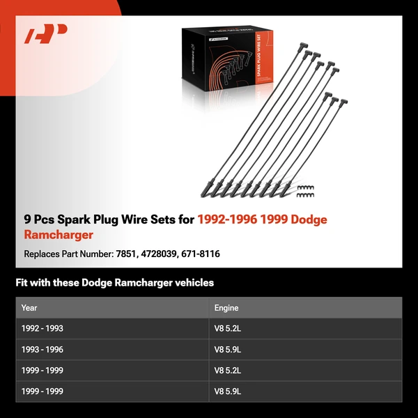 9 Pcs Spark Plug Wire Sets for 1992-1996 1999 Dodge Ramcharger