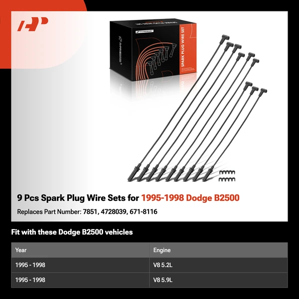 9 Pcs Spark Plug Wire Sets for 1995-1998 Dodge B2500