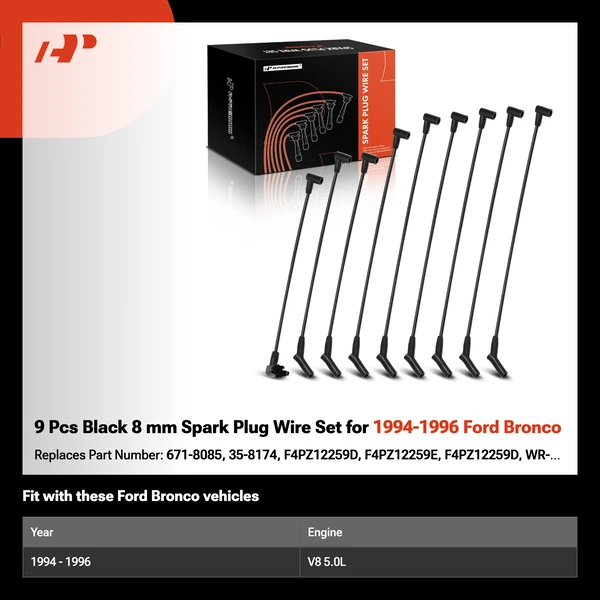 9 Pcs Black 8 mm Spark Plug Wire Set for 1994-1996 Ford Bronco