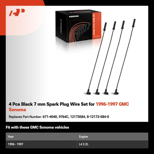 4 Pcs Black 7 mm Spark Plug Wire Set for 1996-1997 GMC Sonoma