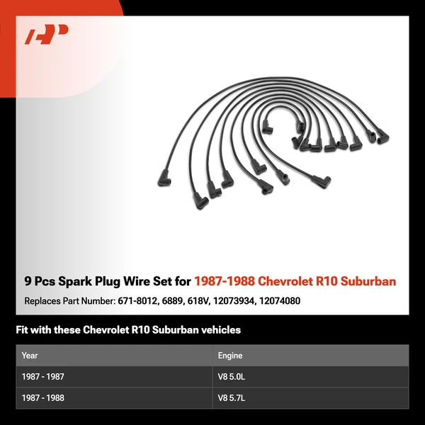 9 Pcs Spark Plug Wire Set for 1987-1988 Chevrolet R10 Suburban