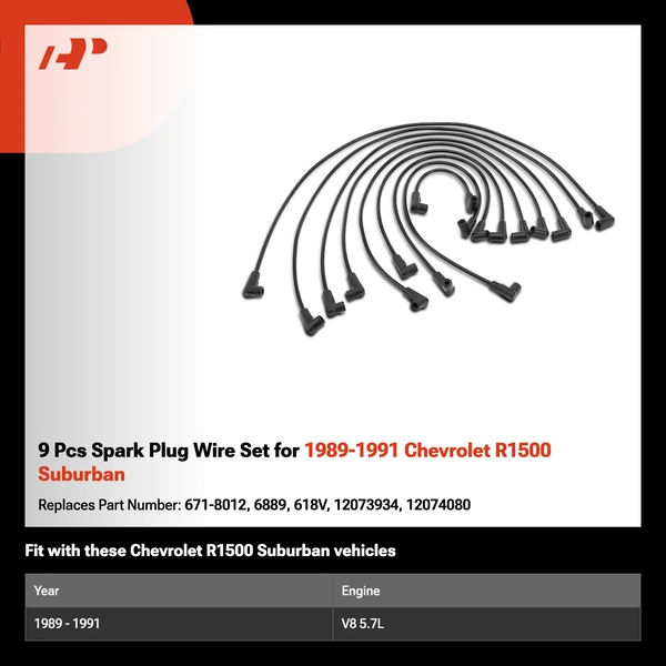 9 Pcs Spark Plug Wire Set for 1989-1991 Chevrolet R1500 Suburban