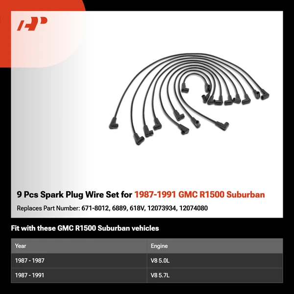 9 Pcs Spark Plug Wire Set for 1987-1991 GMC R1500 Suburban
