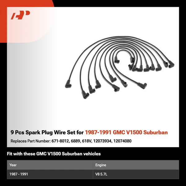 9 Pcs Spark Plug Wire Set for 1987-1991 GMC V1500 Suburban