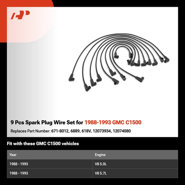 9 Pcs Spark Plug Wire Set for 1988-1993 GMC C1500