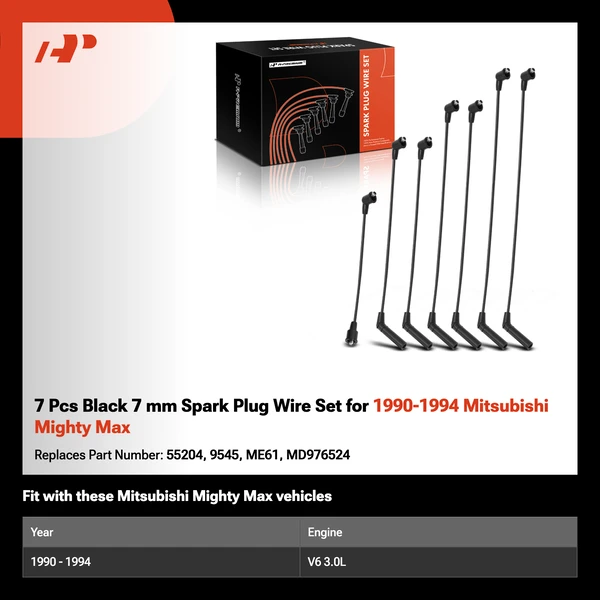 7 Pcs Black 7 mm Spark Plug Wire Set for 1990-1994 Mitsubishi Mighty Max