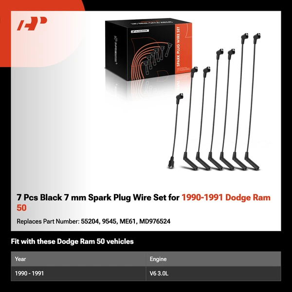 7 Pcs Black 7 mm Spark Plug Wire Set for 1990-1991 Dodge Ram 50