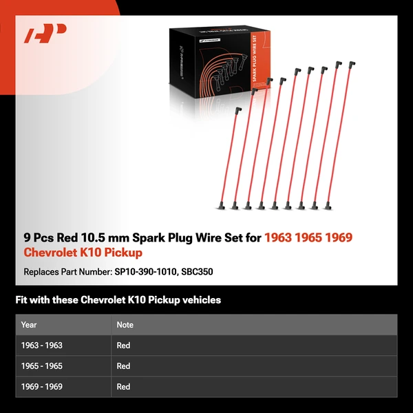 9 Pcs Red 10.5 mm Spark Plug Wire Set for 1963 1965 1969 Chevrolet K10 Pickup
