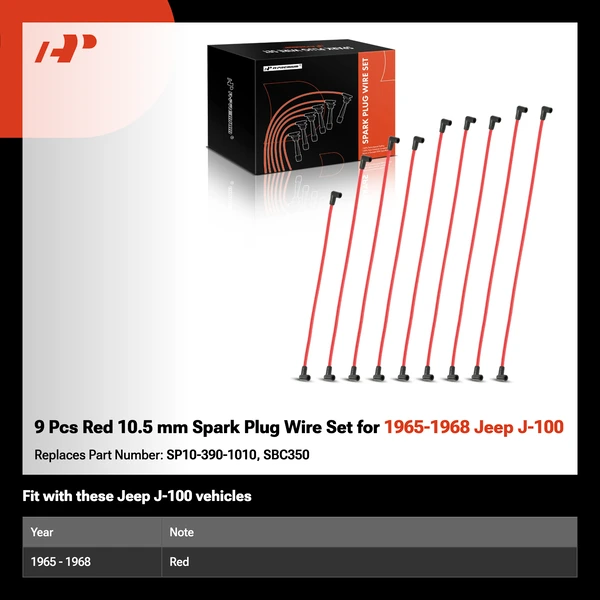9 Pcs Red 10.5 mm Spark Plug Wire Set for 1965-1968 Jeep J-100