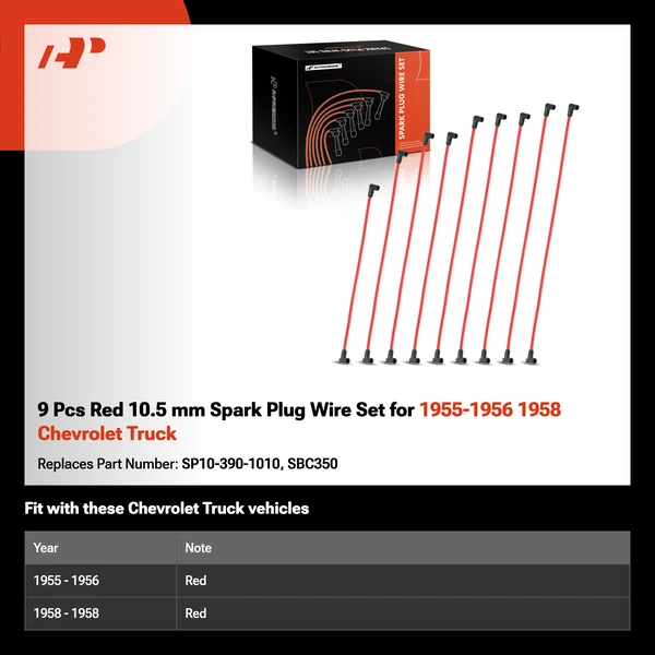 9 Pcs Red 10.5 mm Spark Plug Wire Set for 1955-1956 1958 Chevrolet Truck