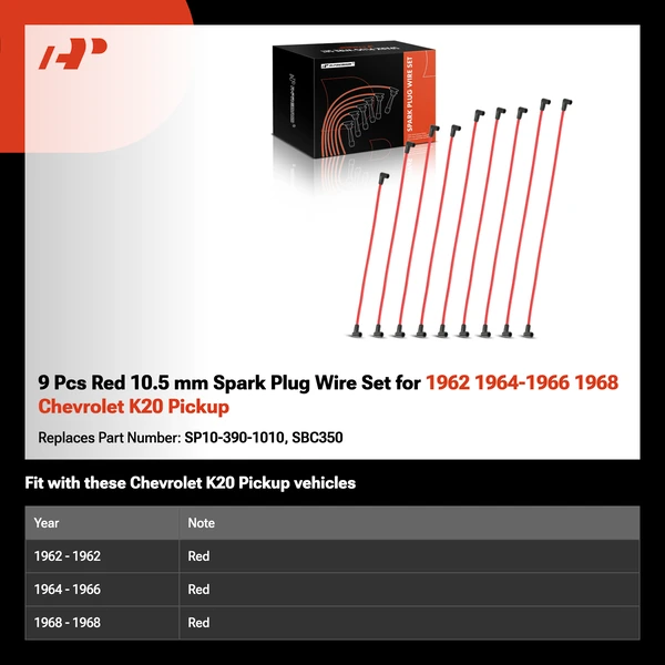 9 Pcs Red 10.5 mm Spark Plug Wire Set for 1962 1964-1966 1968 Chevrolet K20 Pickup