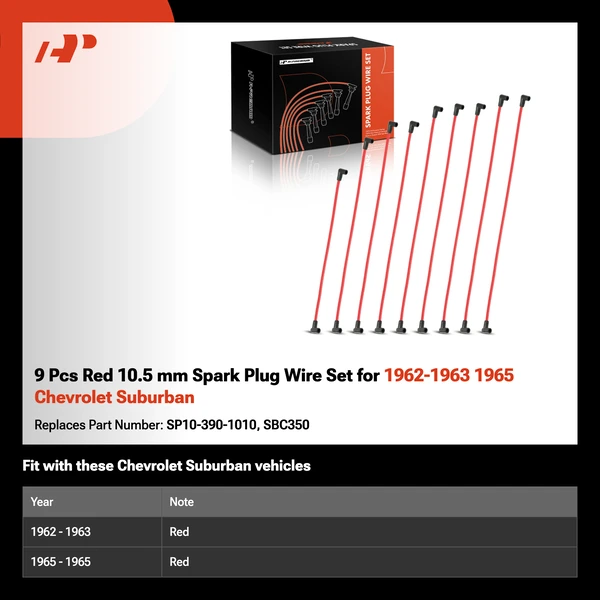9 Pcs Red 10.5 mm Spark Plug Wire Set for 1962-1963 1965 Chevrolet Suburban