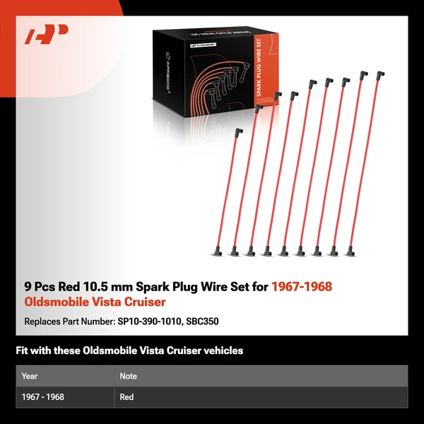 9 Pcs Red 10.5 mm Spark Plug Wire Set for 1967-1968 Oldsmobile Vista Cruiser