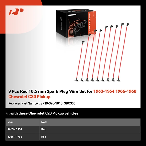 9 Pcs Red 10.5 mm Spark Plug Wire Set for 1963-1964 1966-1968 Chevrolet C20 Pickup