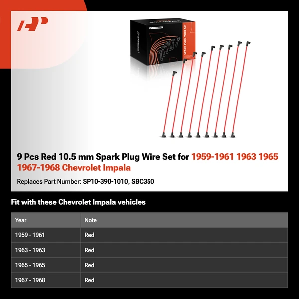 9 Pcs Red 10.5 mm Spark Plug Wire Set for 1959-1961 1963 1965 1967-1968 Chevrolet Impala