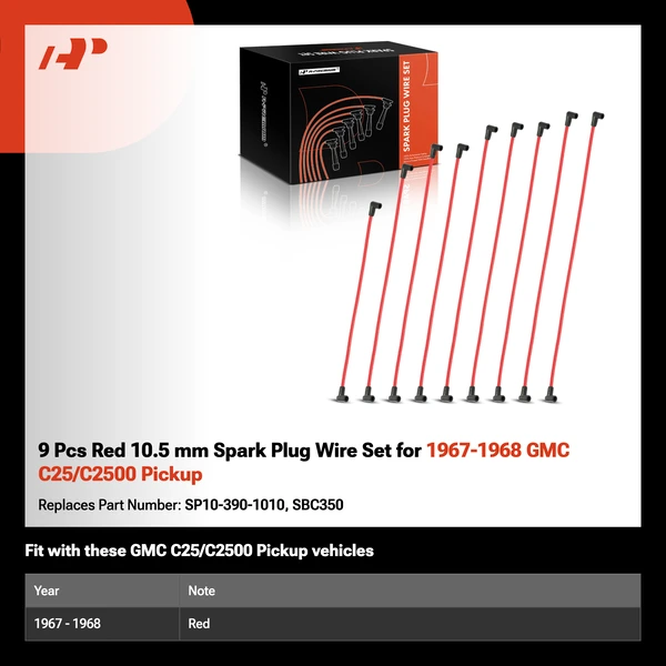 9 Pcs Red 10.5 mm Spark Plug Wire Set for 1967-1968 GMC C25/C2500 Pickup