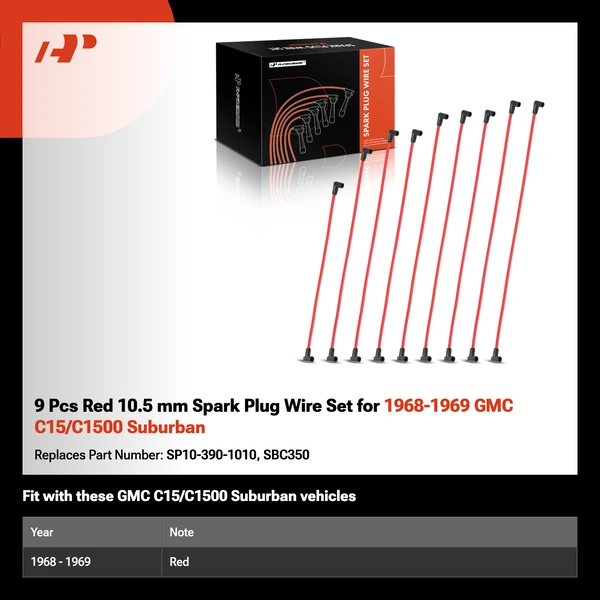 9 Pcs Red 10.5 mm Spark Plug Wire Set for 1968-1969 GMC C15/C1500 Suburban