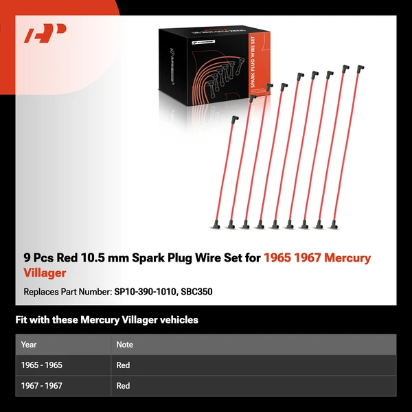 9 Pcs Red 10.5 mm Spark Plug Wire Set for 1965 1967 Mercury Villager