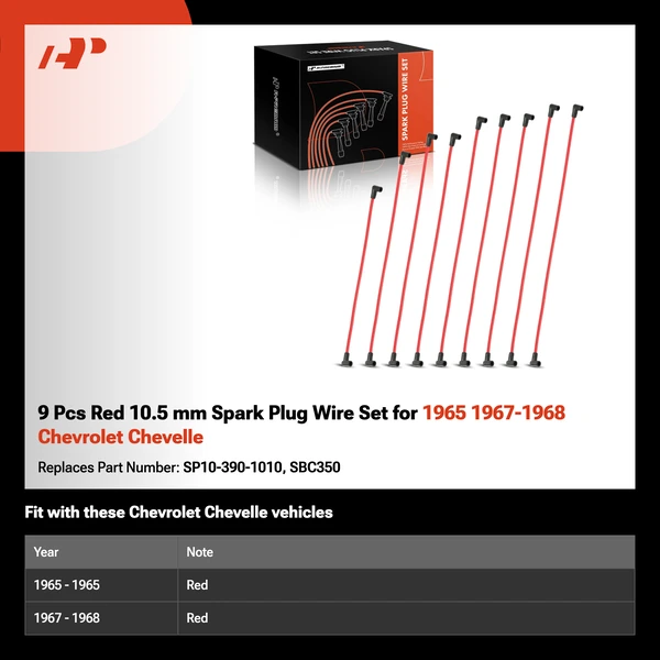 9 Pcs Red 10.5 mm Spark Plug Wire Set for 1965 1967-1968 Chevrolet Chevelle