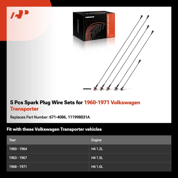 5 Pcs Spark Plug Wire Sets for 1960-1971 Volkswagen Transporter