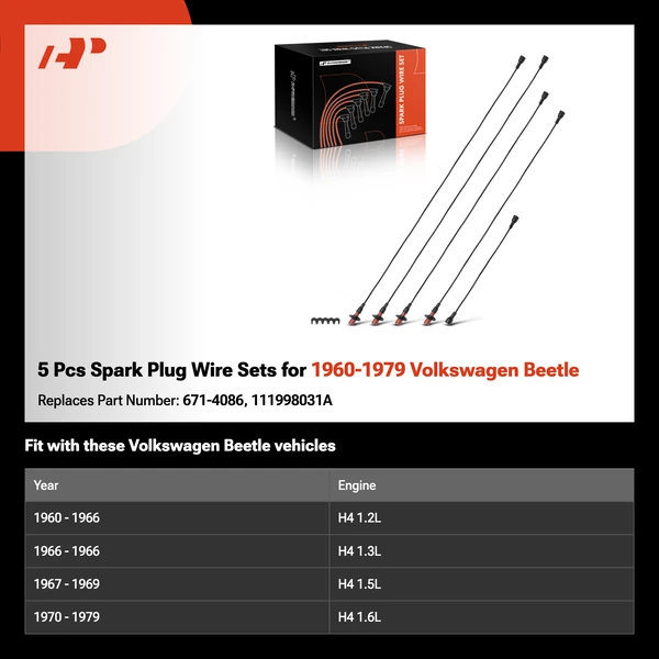 5 Pcs Spark Plug Wire Sets for 1960-1979 Volkswagen Beetle
