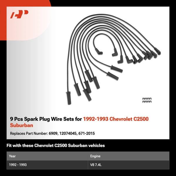 9 Pcs Spark Plug Wire Sets for 1992-1993 Chevrolet C2500 Suburban