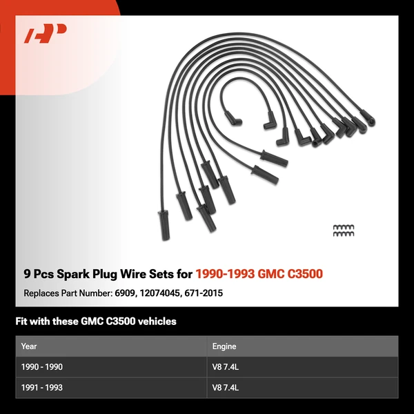9 Pcs Spark Plug Wire Sets for 1990-1993 GMC C3500