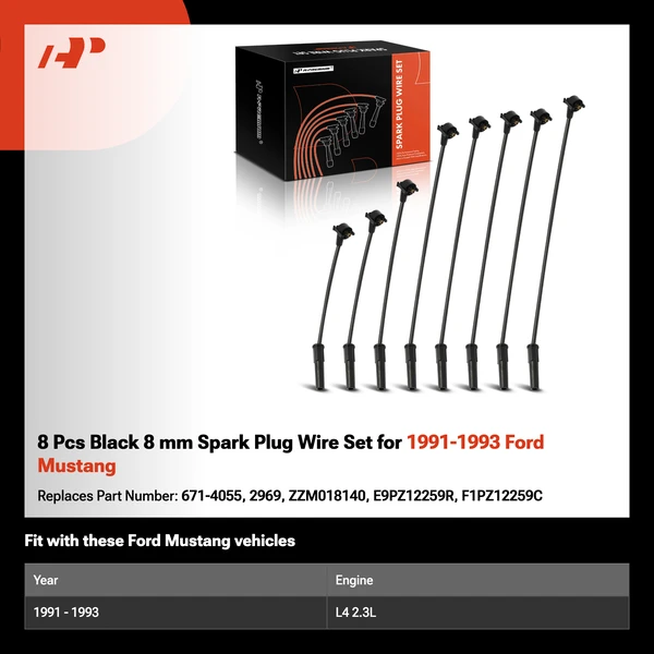 8 Pcs Black 8 mm Spark Plug Wire Set for 1991-1993 Ford Mustang