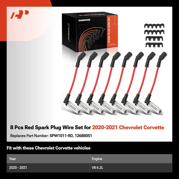 8 Pcs Red Spark Plug Wire Set for 2020-2021 Chevrolet Corvette