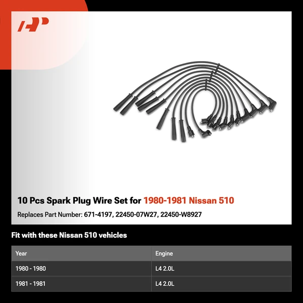 10 Pcs Spark Plug Wire Set for 1980-1981 Nissan 510