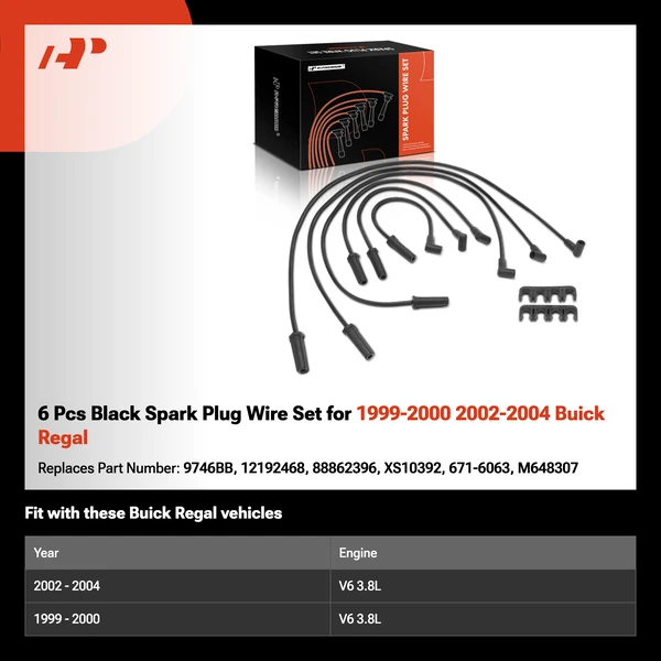 6 Pcs Black Spark Plug Wire Set for 1999-2000 2002-2004 Buick Regal