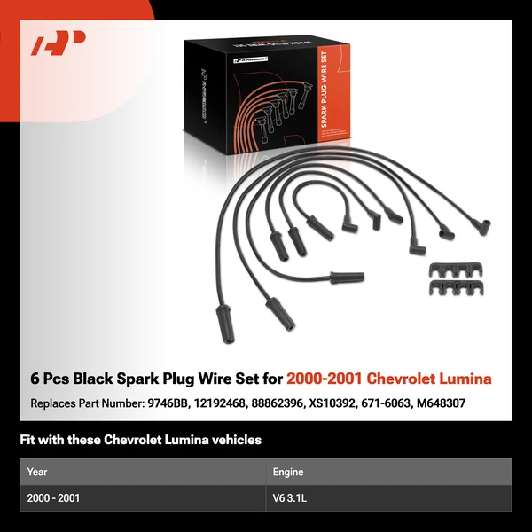 6 Pcs Black Spark Plug Wire Set for 2000-2001 Chevrolet Lumina