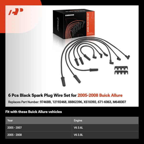 6 Pcs Black Spark Plug Wire Set for 2005-2008 Buick Allure