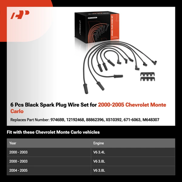 6 Pcs Black Spark Plug Wire Set for 2000-2005 Chevrolet Monte Carlo