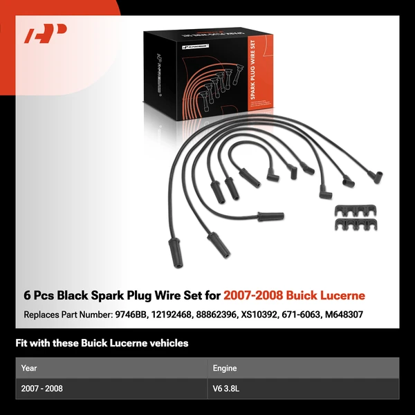 6 Pcs Black Spark Plug Wire Set for 2007-2008 Buick Lucerne