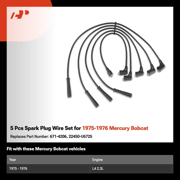 5 Pcs Spark Plug Wire Set for 1975-1976 Mercury Bobcat