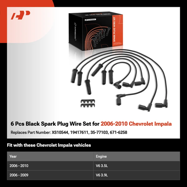 6 Pcs Black Spark Plug Wire Set for 2006-2010 Chevrolet Impala