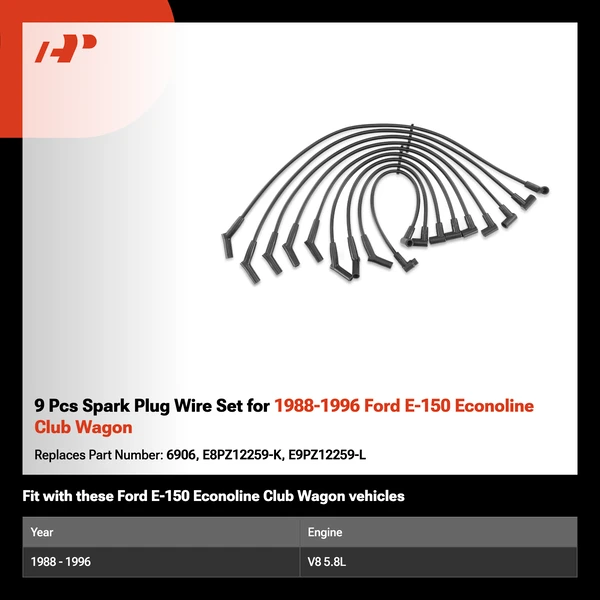 9 Pcs Spark Plug Wire Set for 1988-1996 Ford E-150 Econoline Club Wagon