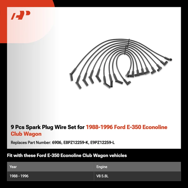 9 Pcs Spark Plug Wire Set for 1988-1996 Ford E-350 Econoline Club Wagon